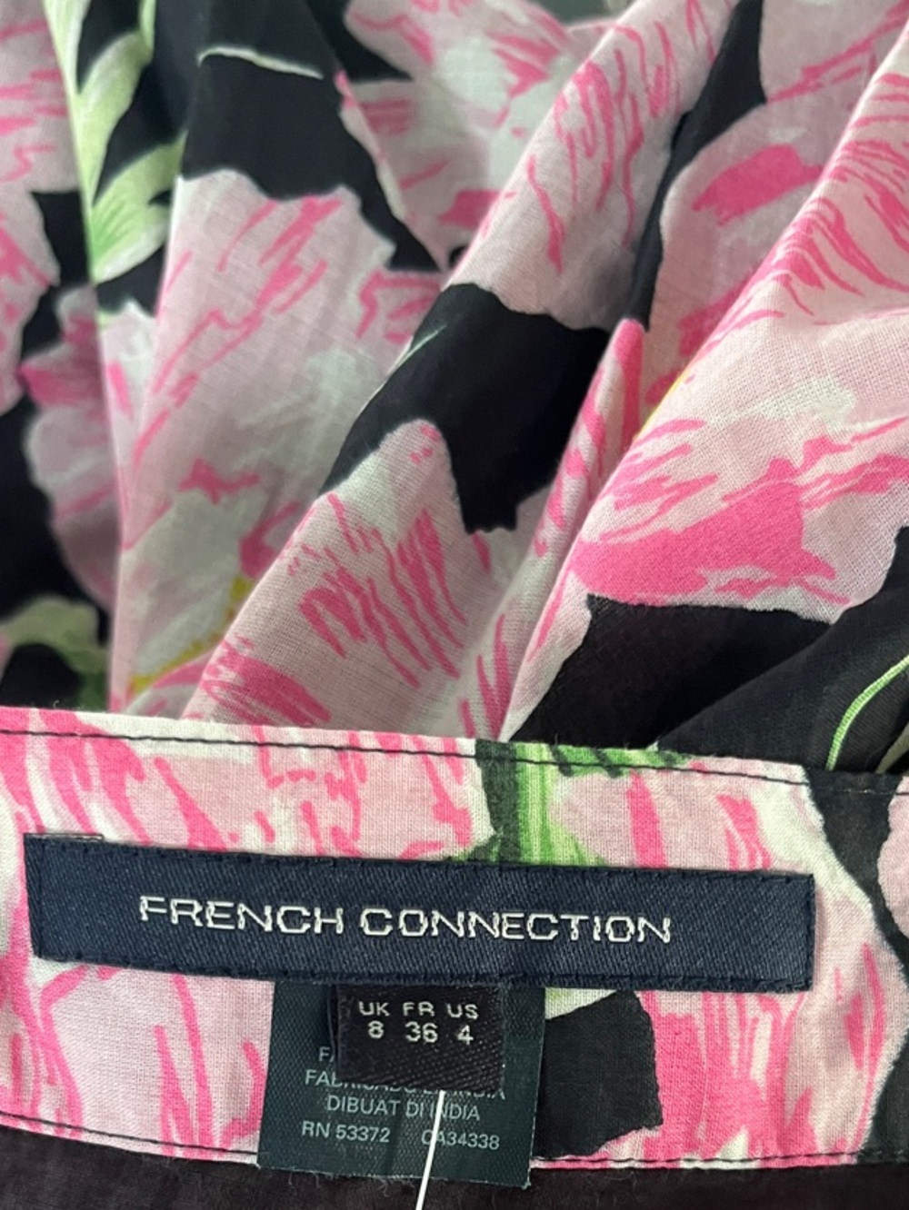 French Connection Black Midi Skirt with Pink Floral Print 100% Cotton Size 4 NWT - Picture 5 of 6